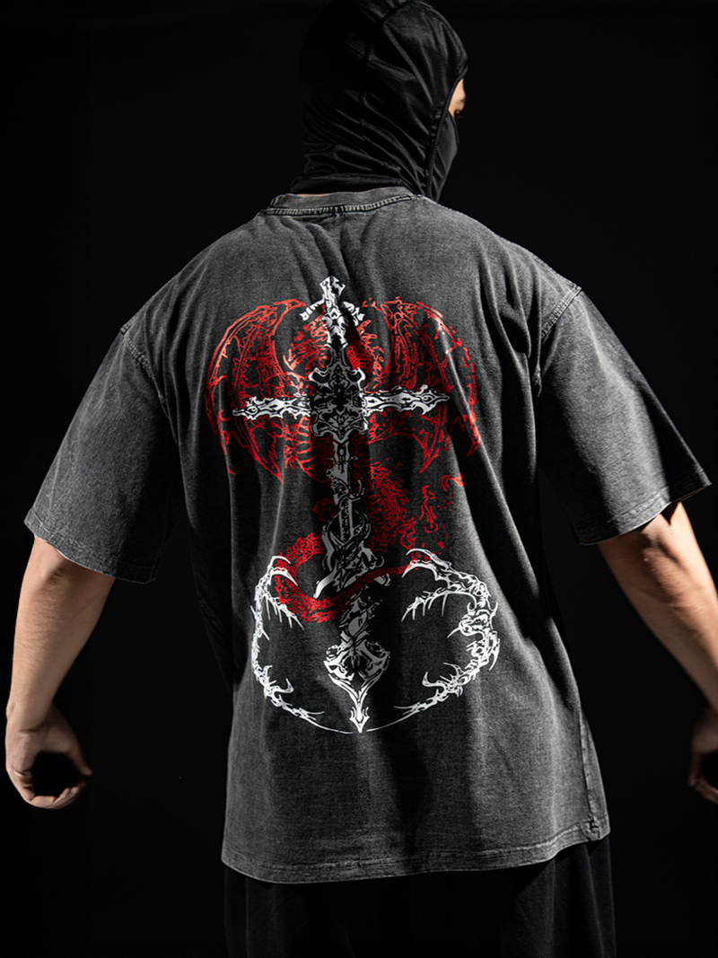 HellForged Wings Acid Wash Tee